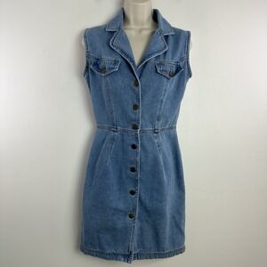 Vintage Button Front Denim Mini Dress Womens Size 6 Blue 90s Y2K Western Cowgirl